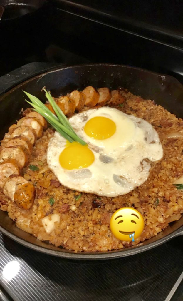 Kimchi Fried Cauliflower Rice with Bacon and Spicy Sausage