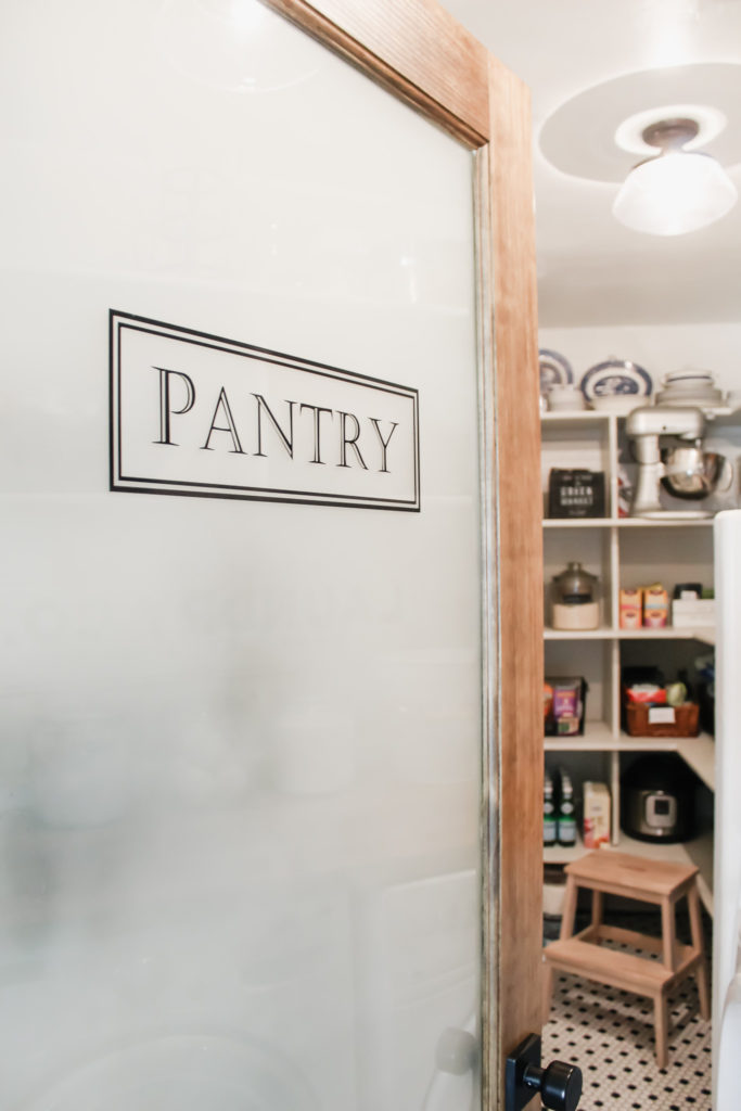 DIY Pantry and laundry farmhouse frosted door with label sticker and stained 2