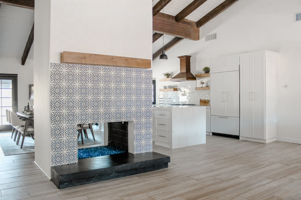 modern farmhouse tiled fireplace with floating wood mantle