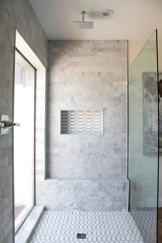 modern farmhouse marble rain head double shower