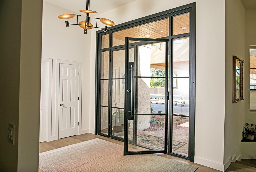 black modern iron glass front entry door