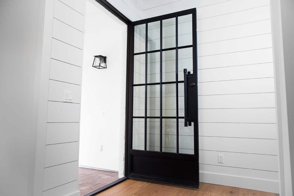 black modern iron glass front entry door