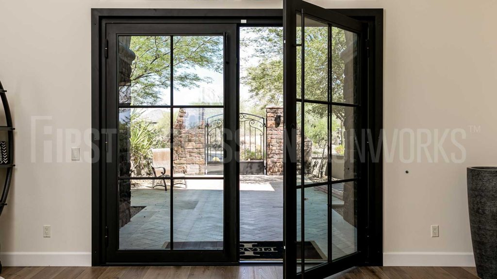 black modern iron glass front entry door