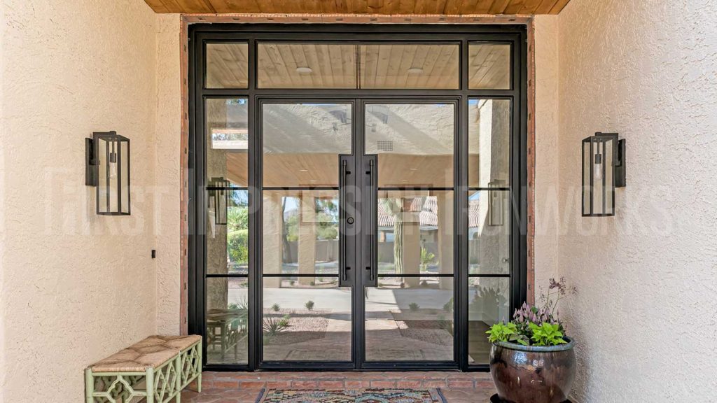 black modern iron glass front entry door
